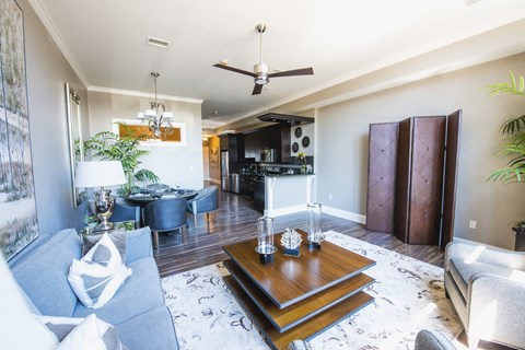 a living room with a couch and a table
